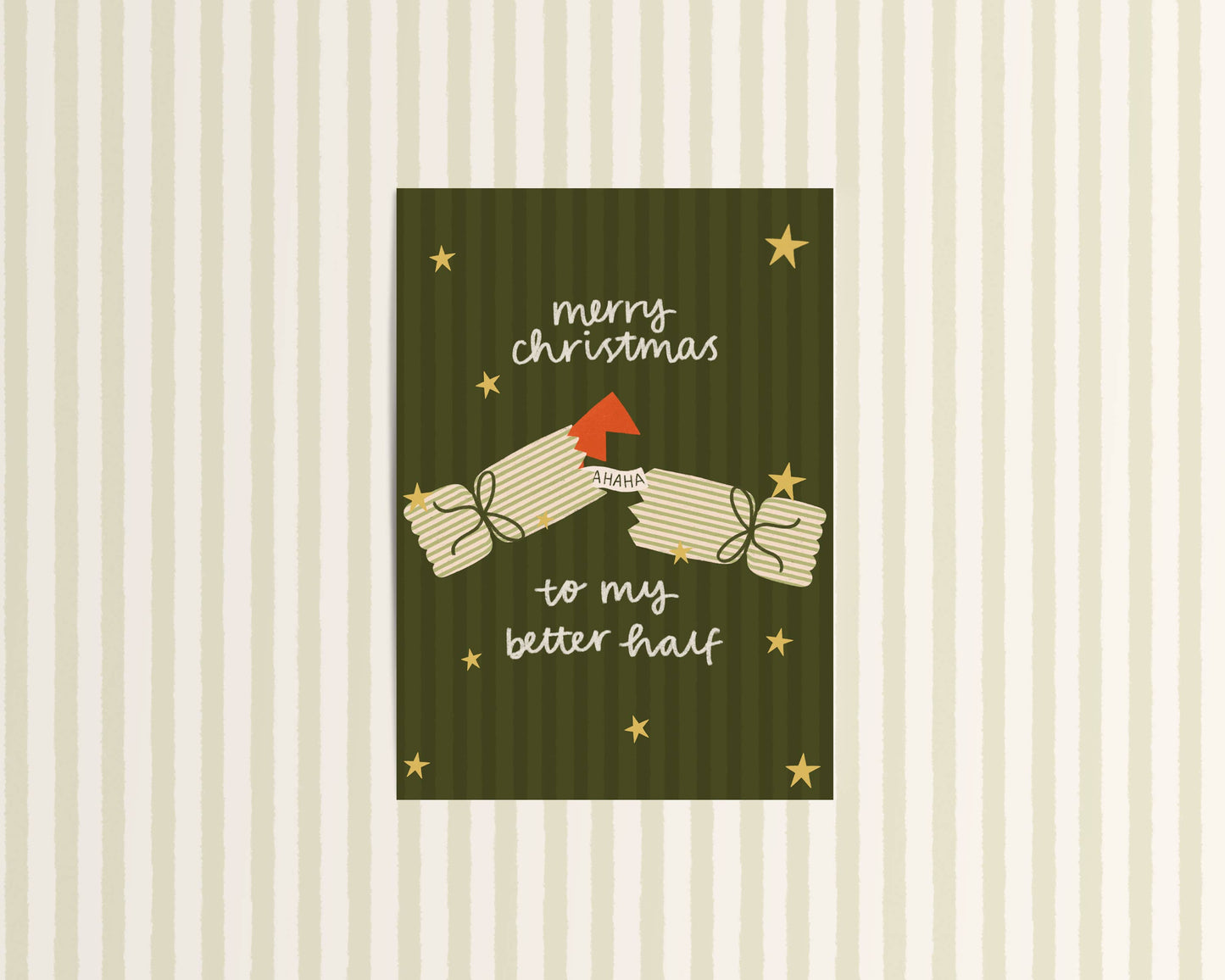 Christmas card with text 'Merry Christmas to my better half' on a striped background