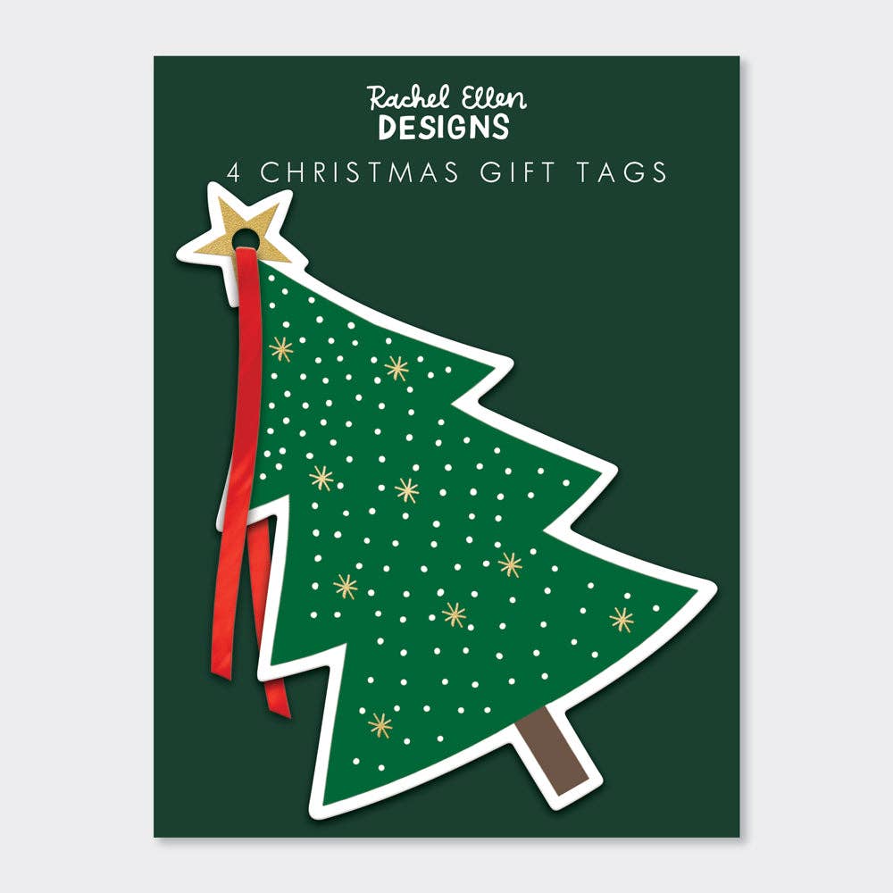 christmas tree shaped gift tag with red ribbon