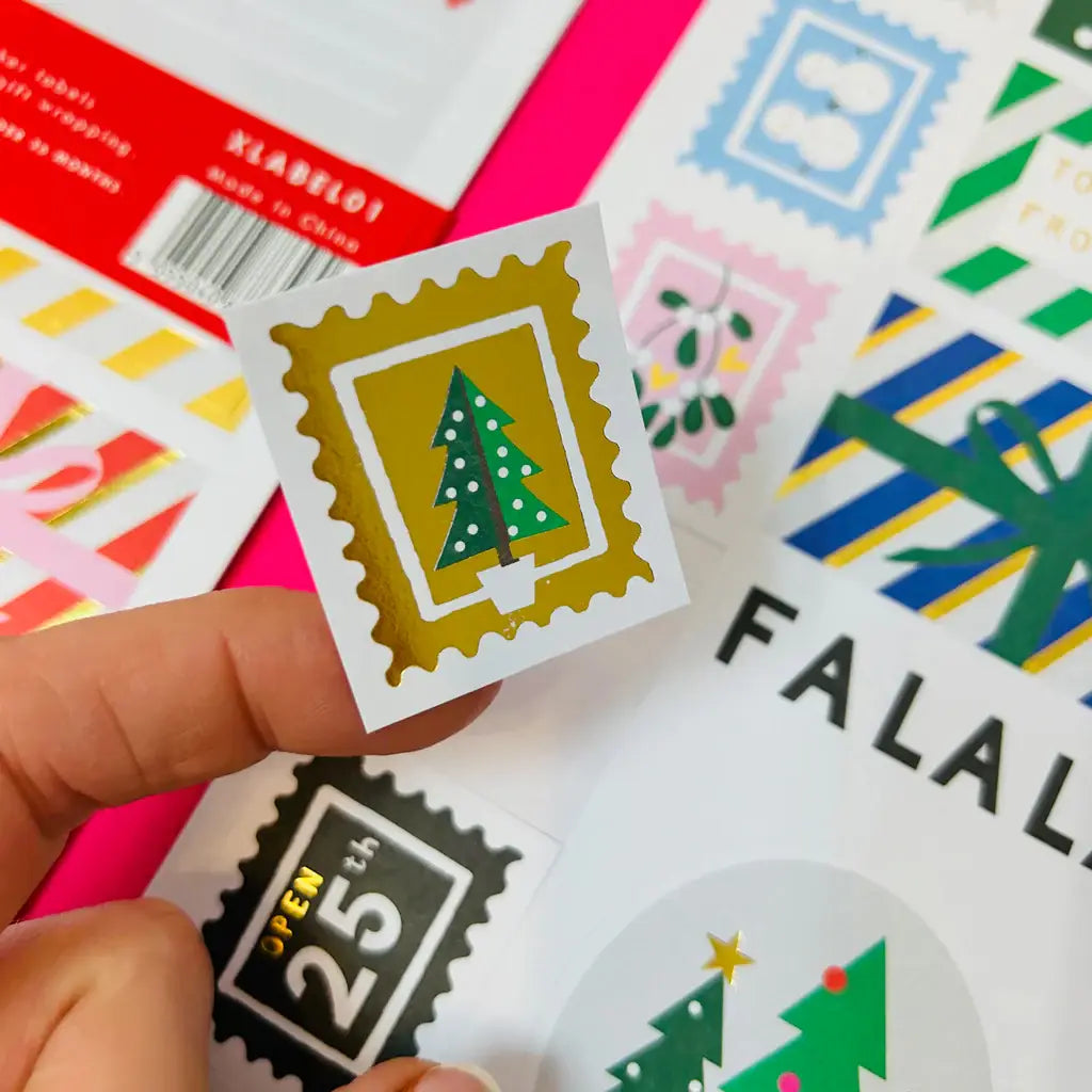 sticky christmas gift labels of various designs and colours
