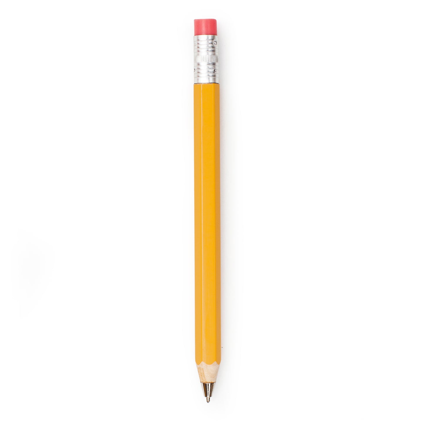 image of orange pencil with pink eraser top which is actually a ball point pen that can be erased