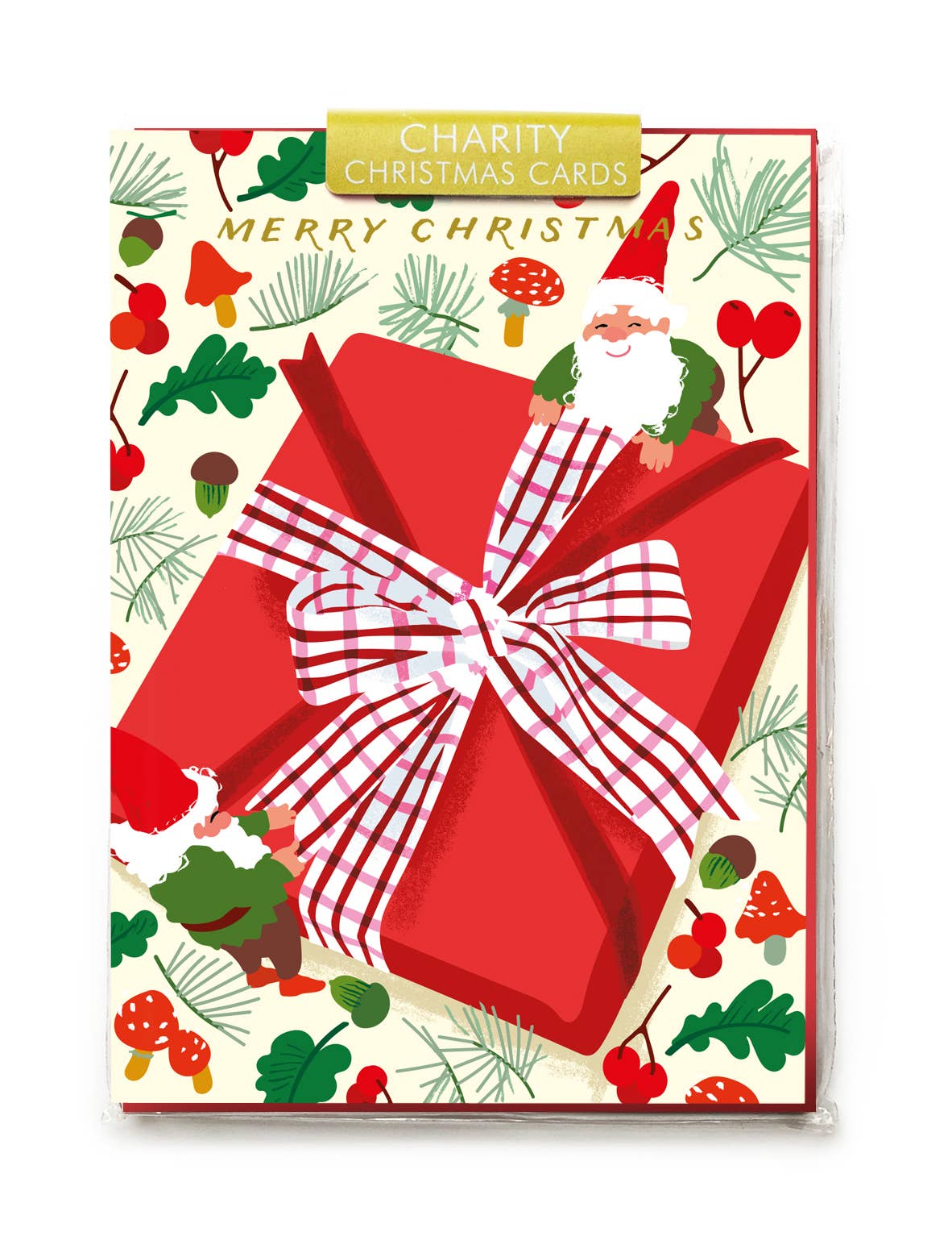 Christmas card with a large red gift box, Santa Claus, and festive illustrations on a white background.