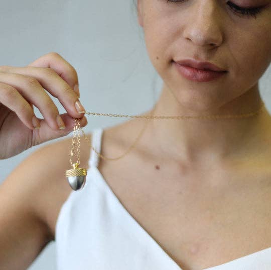 Acorn Locket Necklace Gold Top & Silver Bottom 26 inches