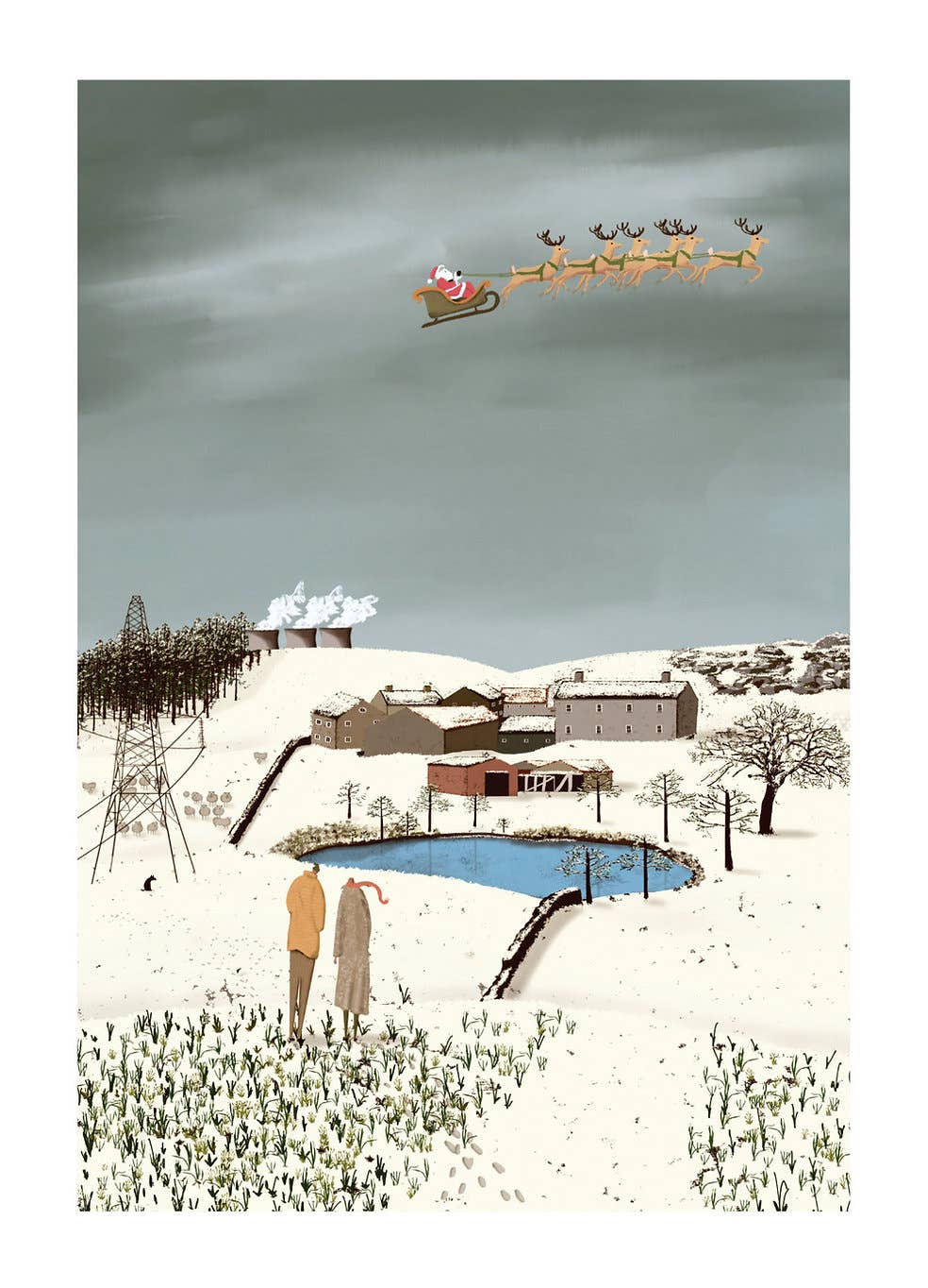 Illustration of a snowy landscape with a person and dog, a pond, and a house. Santa Claus is flying in the sky with reindeer.