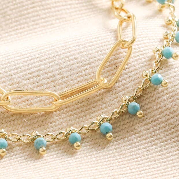 Teal Stone Droplet and Cable Chain Layered Bracelet in Gold