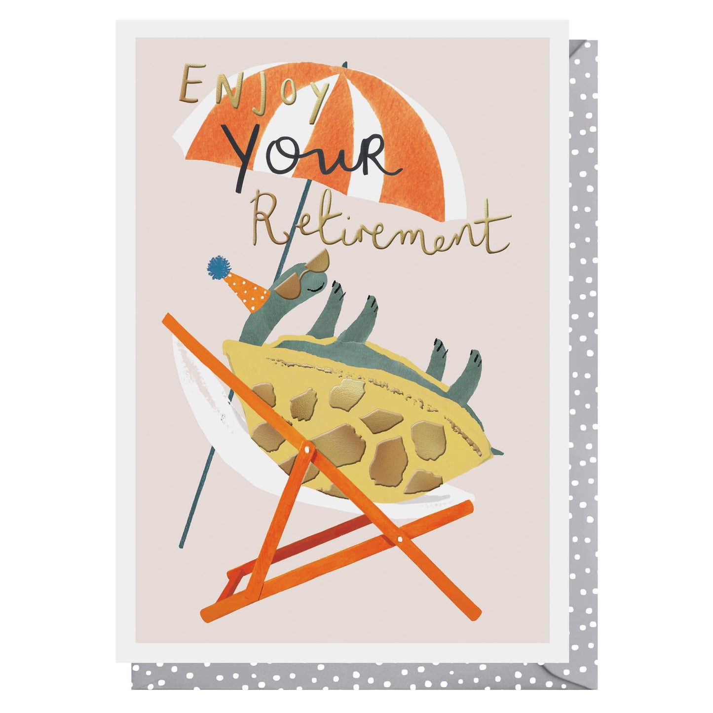Card with a turtle in a beach chair under an umbrella, text 'Enjoy Your Retirement', on a light pink background.
