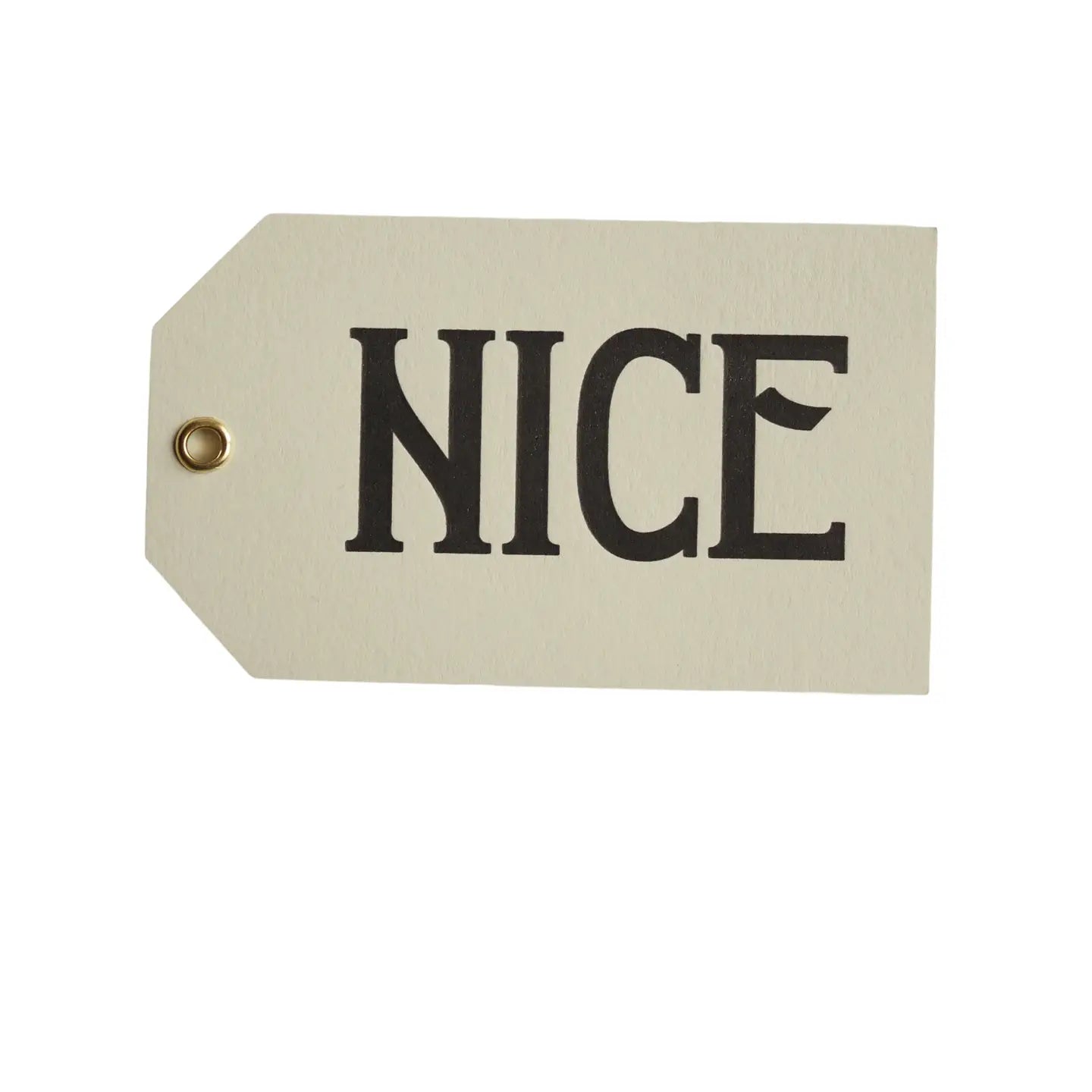 set of 3 christmas gift tags with the word NICE written on one side of the tag in black capital letters. The background colour is pale grey.