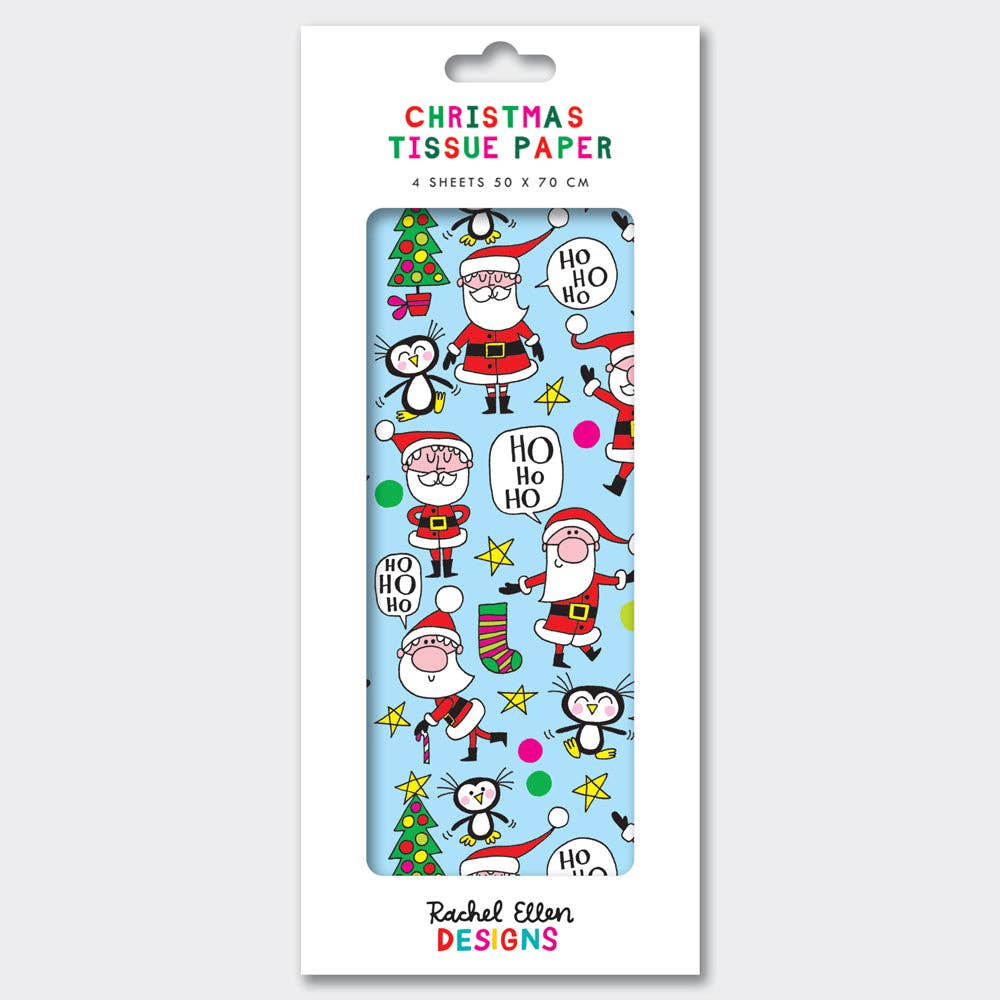 Packaging of Christmas tissue paper with Santa Claus and penguin design on a white background