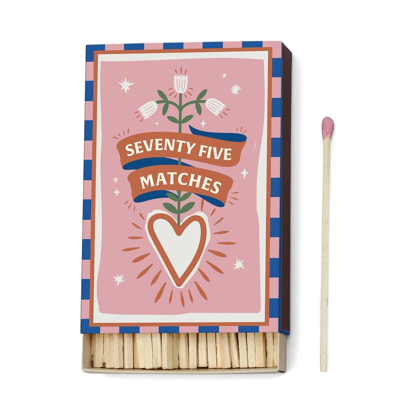 image shows a large box of matches with pink tips. the design on the front of the box is mainly pale pink with a white heart and flower. seventy five matches is spelt out across the front of the box