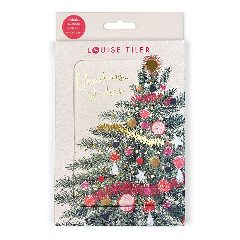 Box of 6 Christmas Cards that have the picture of a christmas tree on the front with Christmas Wishes written in gold foil pink red and blue baubles on the tree and pink and gold tinsel