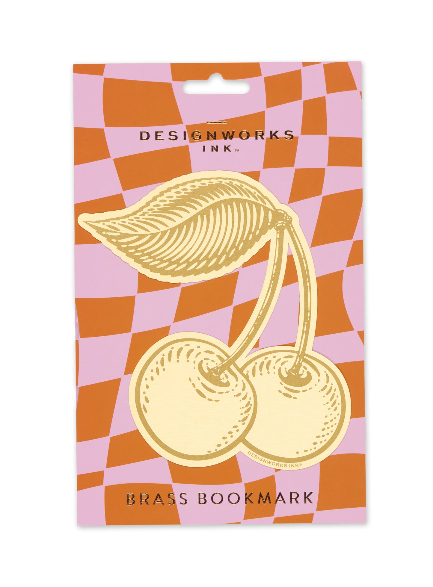 Brass bookmark packaging with a checkered pattern and 'Designworks Ink' branding.