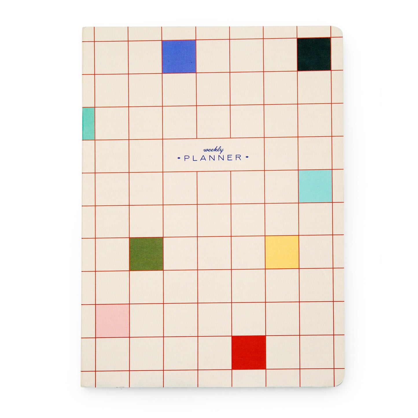 front cover of the weekly planner. The cover has a checked cover with the squares outlined in red. there are radom square filled with solid primary colour. weekly planner is written on the front cover in the middle