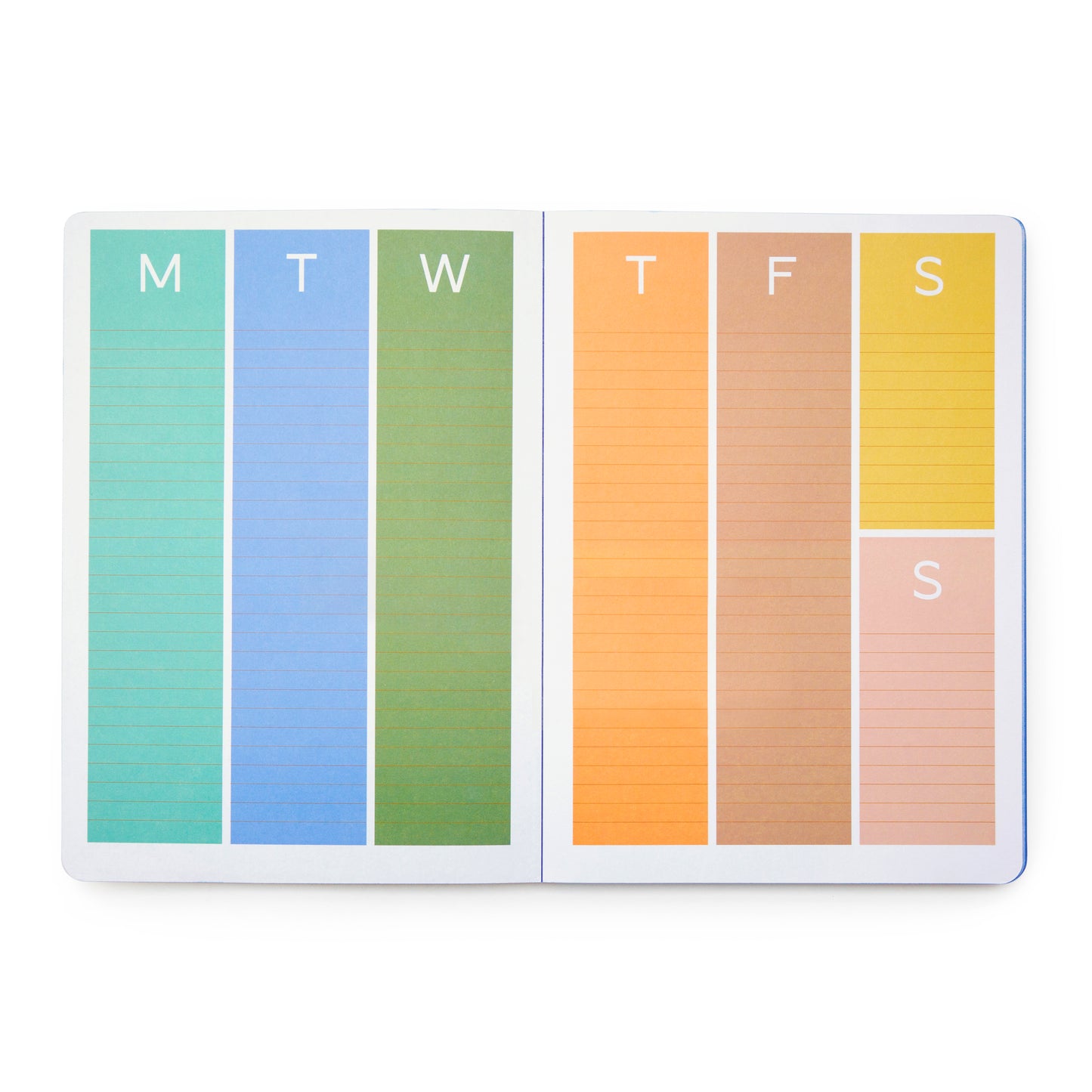 image of a page from the weekly planner. there are 6 different coloured verticle columns with the first letter of each d . the last column is split into the weekend. the week is across 2 pages