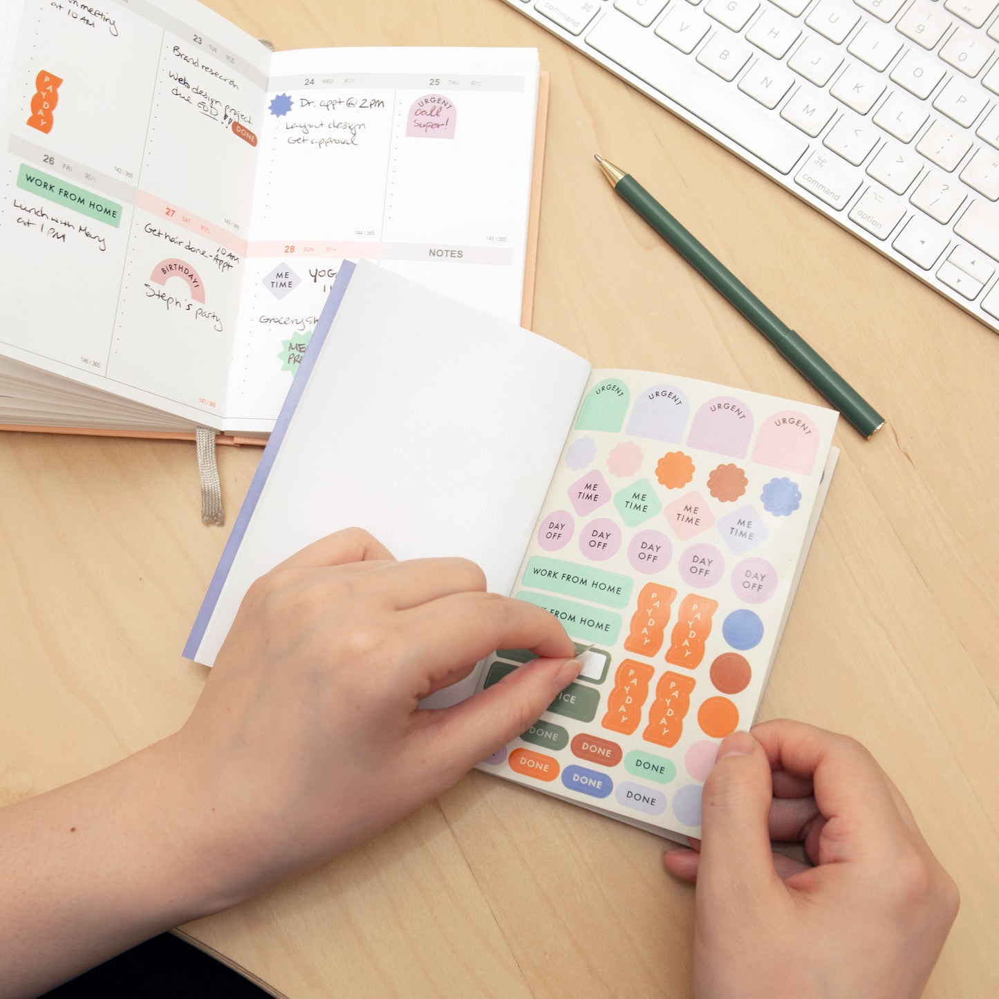 image of an open page of the sticker book.There are variety of sticker shapes with a different action written on them such as me time, day off, payday, work from home and done.