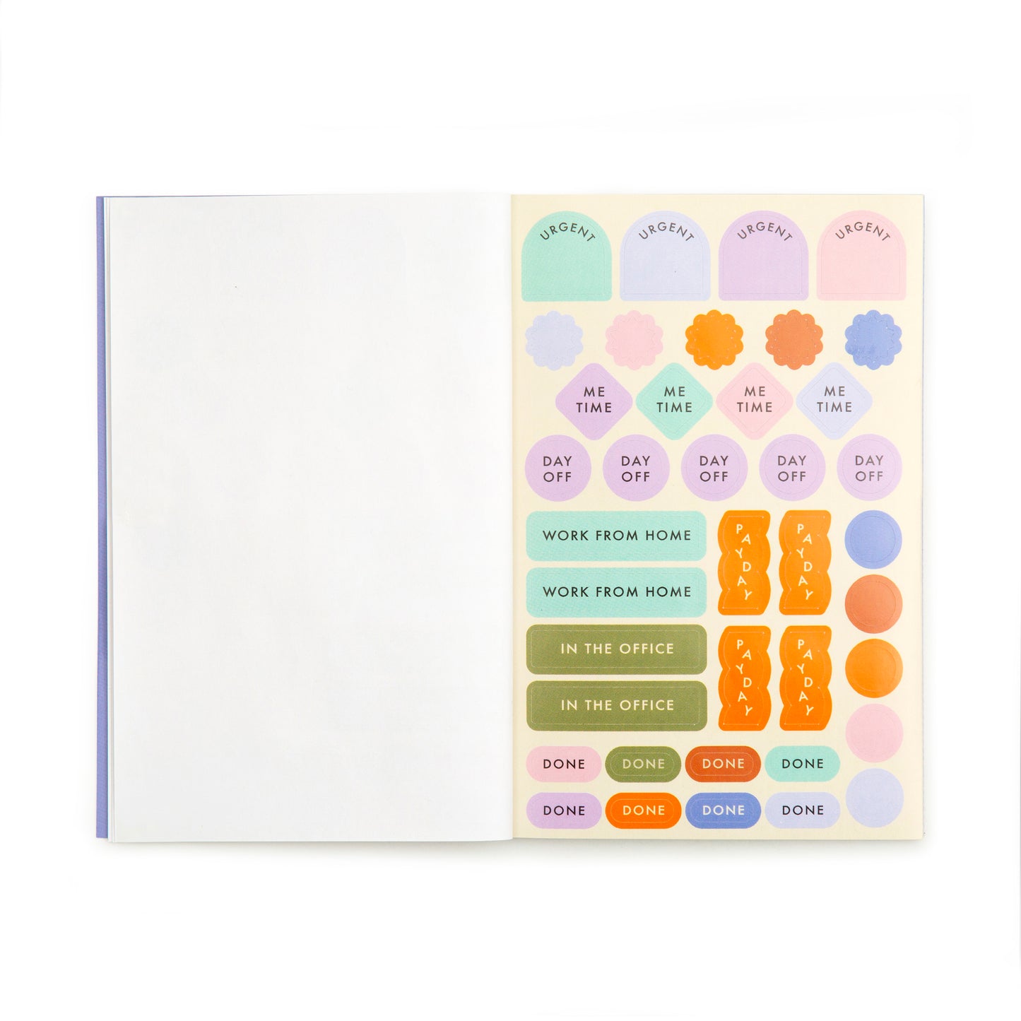 shows a page of sticker options such as day off,done, in the office, me time, done,work from home, payday and in the office