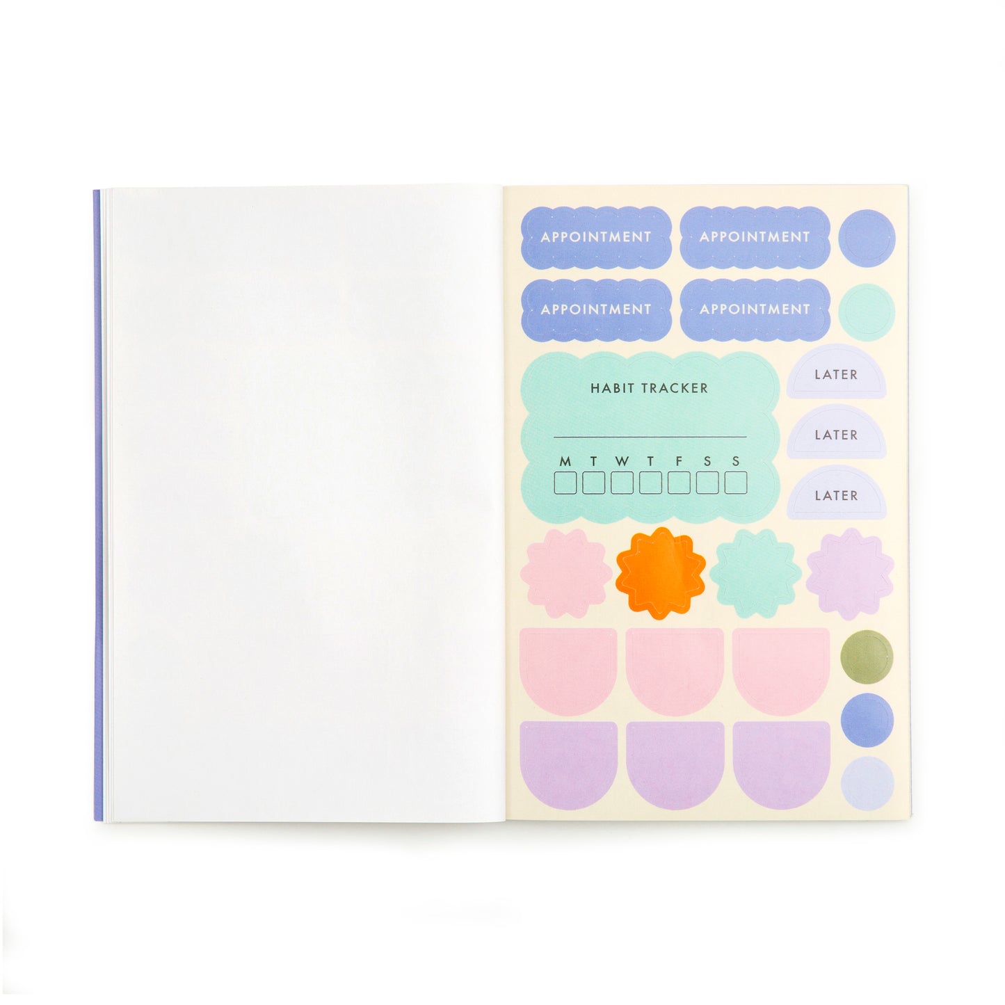 shows a page within the sticker book and depicts appointment, habit tracker, tracker and blank options