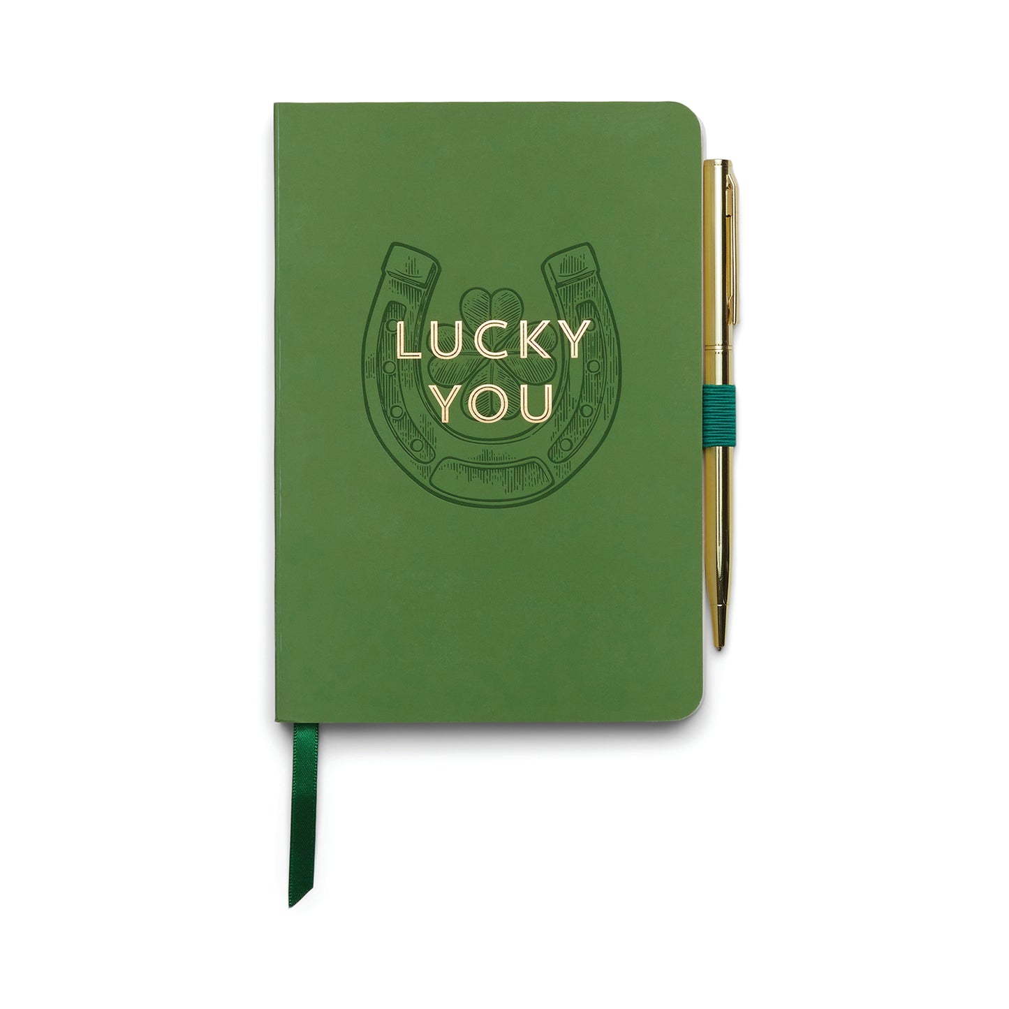 Green notebook with 'Lucky You' design and a gold pen in a green pen loop on the right hand side of the notebook. The paper inside is cream with lines.