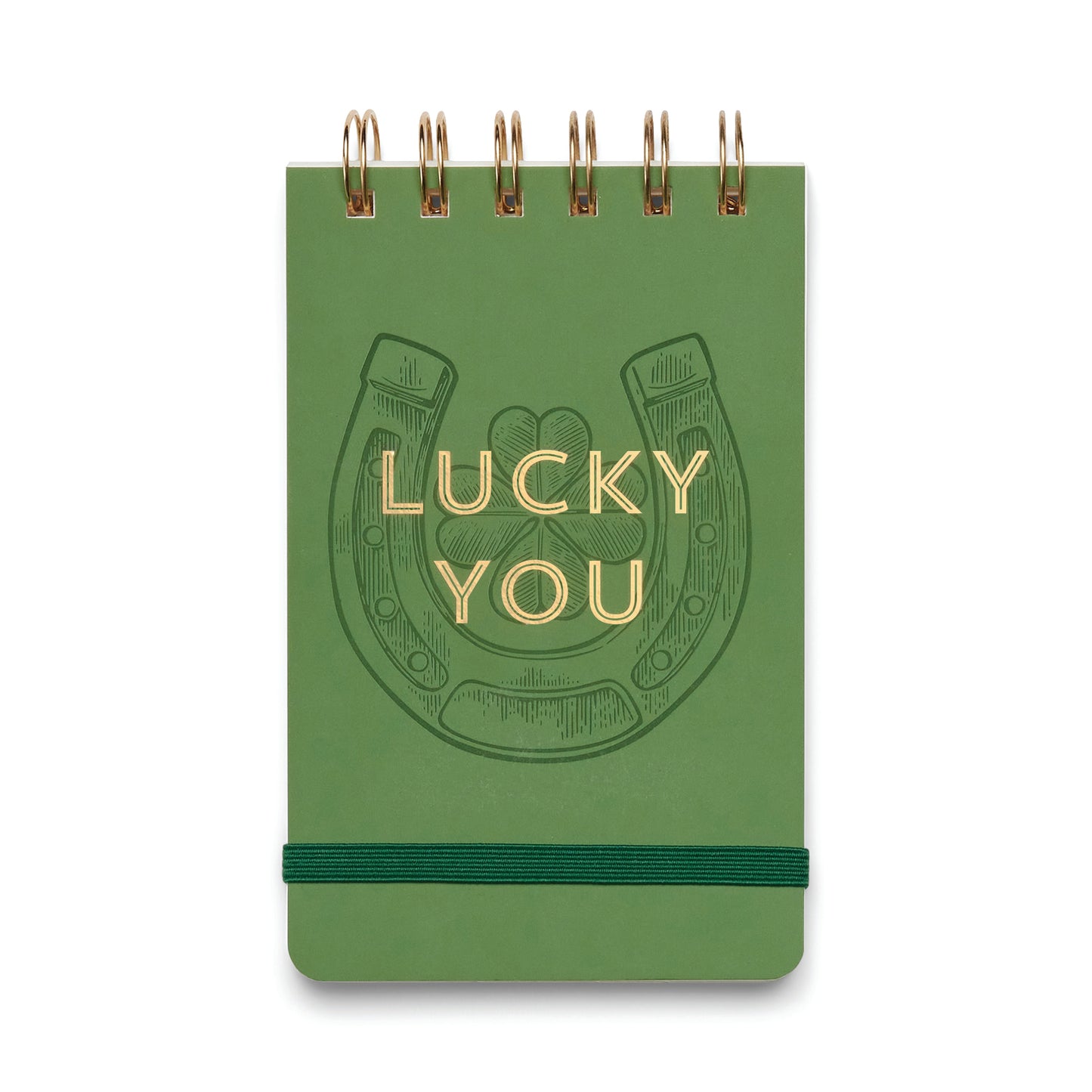 Green notebook with a horseshoe design and 'Lucky You' text on a white background