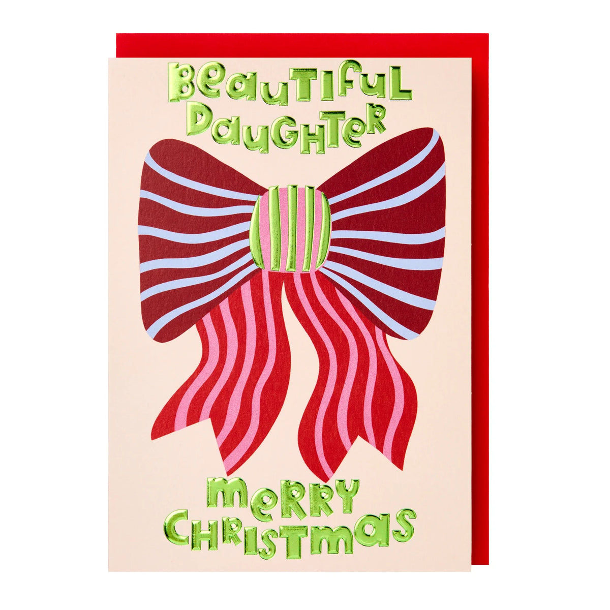A Christmas greeting card with a red envelope, featuring a large red and white striped bow on a cream background with the text 'Beautiful Daughter' and 'Merry Christmas' in green.