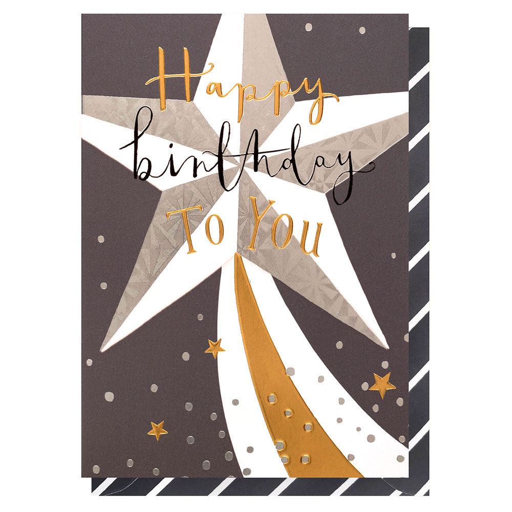 Card with black background saying Happy Birthday to you Big Sliver Star in the middle with gold stars and silver spots. Stripped envelope in Black and White