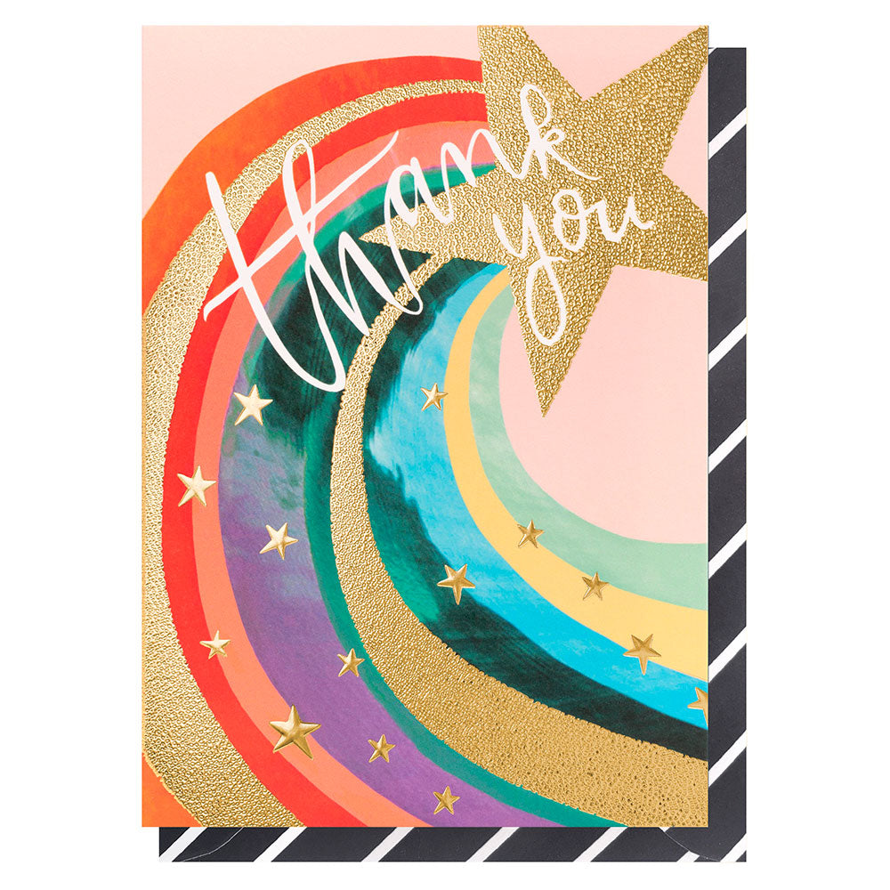 Thank You care with gold foil star on the front with the words Thank You in white. multicoloured swirls coming from the gold star with smaller gold stars on the cars. Black and white stripped envelope