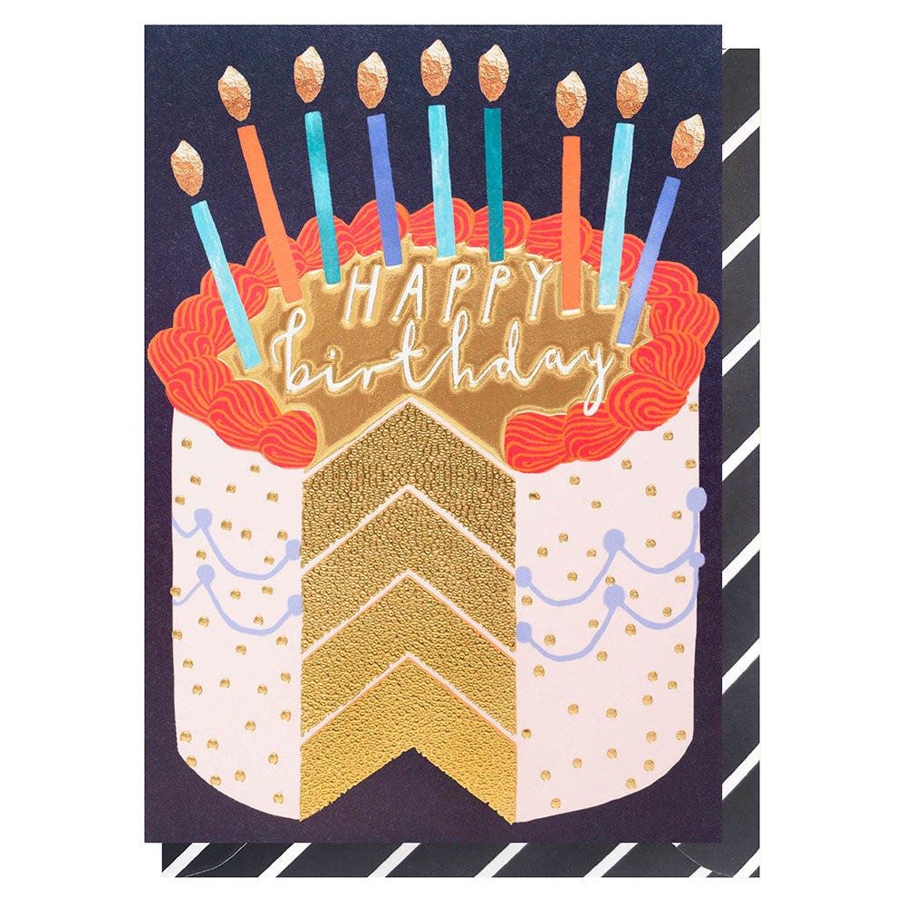 Happy Birthday Card with a Birthday cake on it gold foil section as if a slice cut out of the cake white writing of happy birthday on the top of the cake multicoloured candles on the top of the cake red icing ang gold spots and cream icing on the bottom bland white stripped envelope