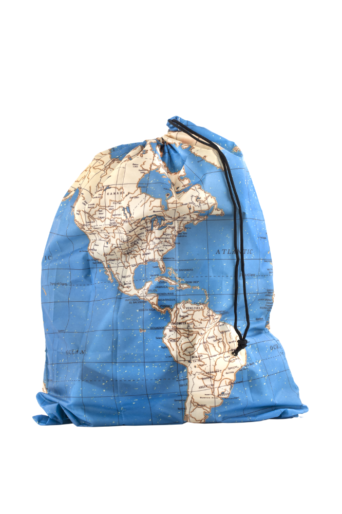 drawstring bag depicting a map of the world