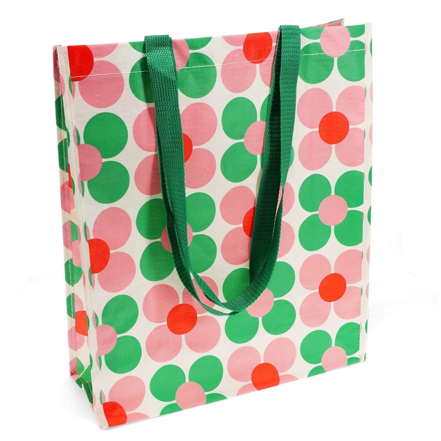 Shopping bag with green and pink flowers on . green handles