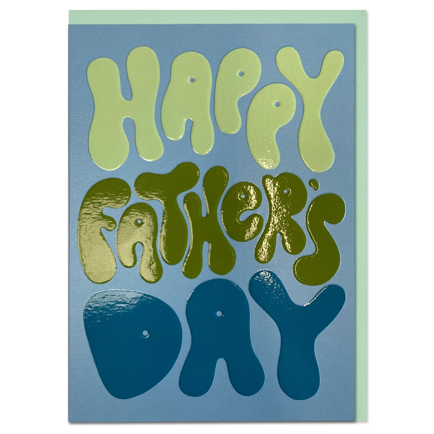 blue card with happy fathers day written on the front. comes with a green envelope