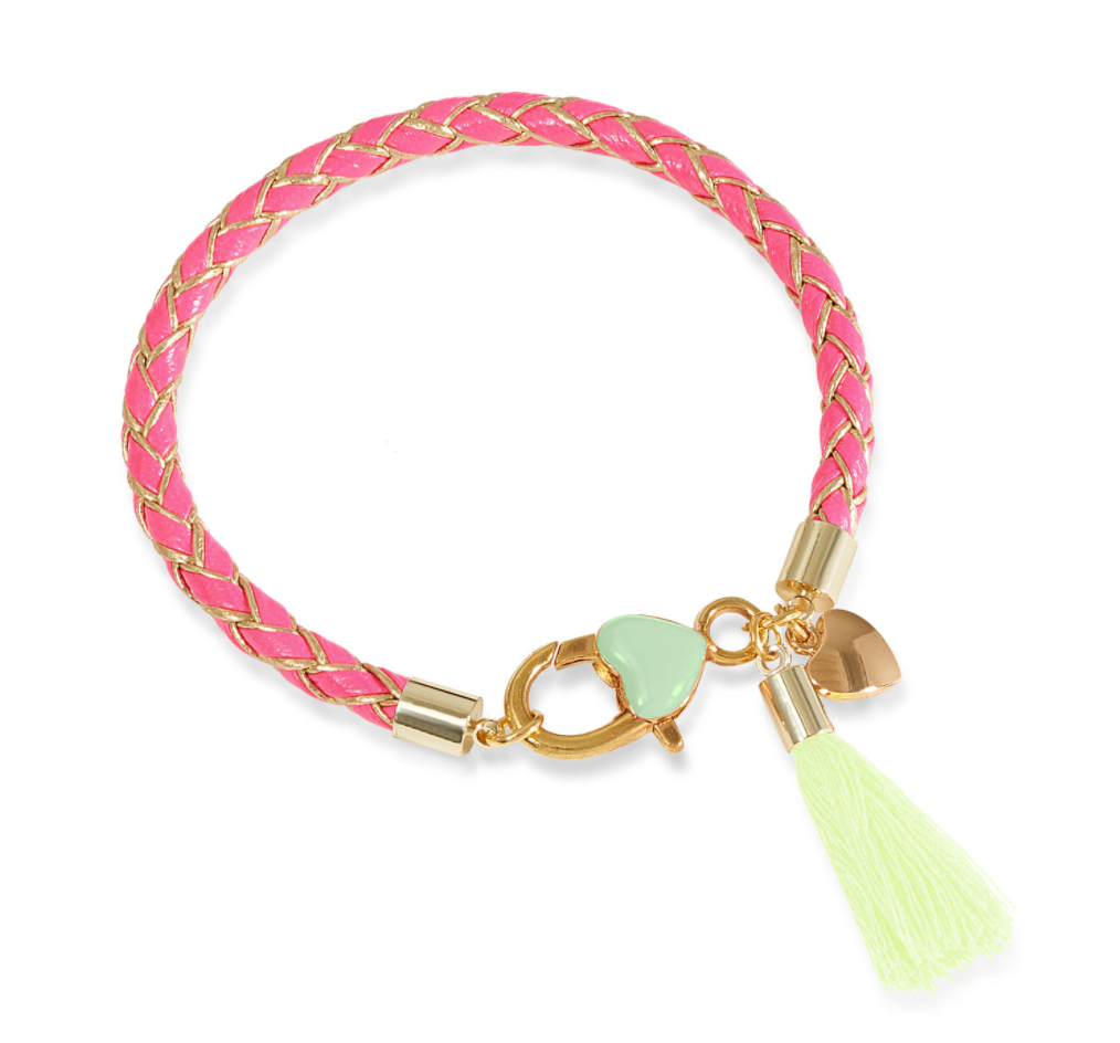 Pink braided bracelet with gold accents and a green tassel on a white background