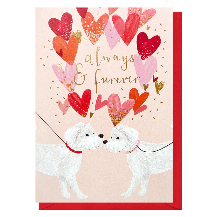 Greeting card with two dogs, hearts, and 'Always & Forever' text on a pink background.
