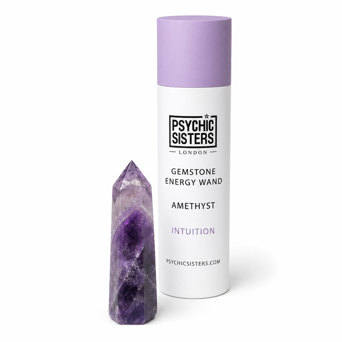 A white cylindrical wand container with a lavender-purple cap stands next to a polished amethyst crystal tower on a clean white background. The label reads 'Psychic Sisters London Gemstone Energy Wand Amethyst Intuition'.