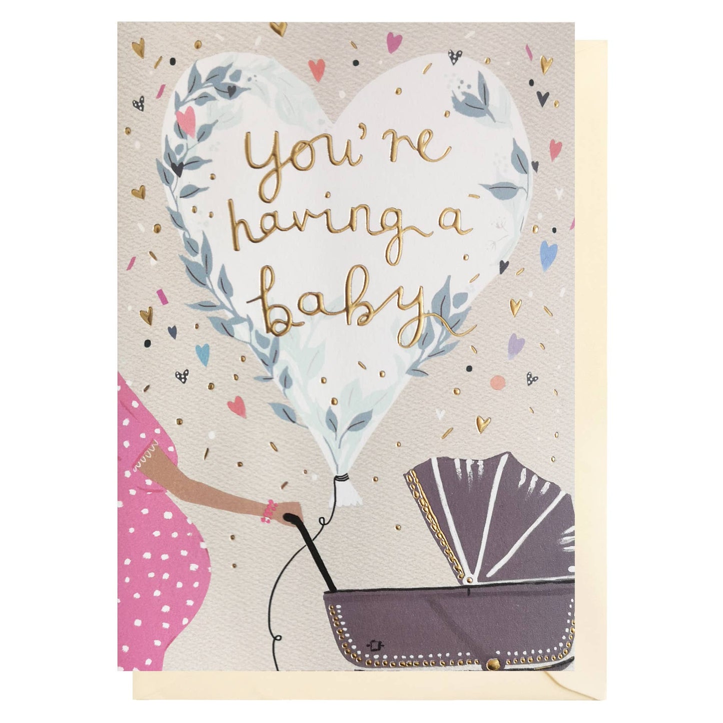 Card with heart-shaped balloon and 'You're having a baby' text, featuring a baby buggy and colorful hearts on a beige background.