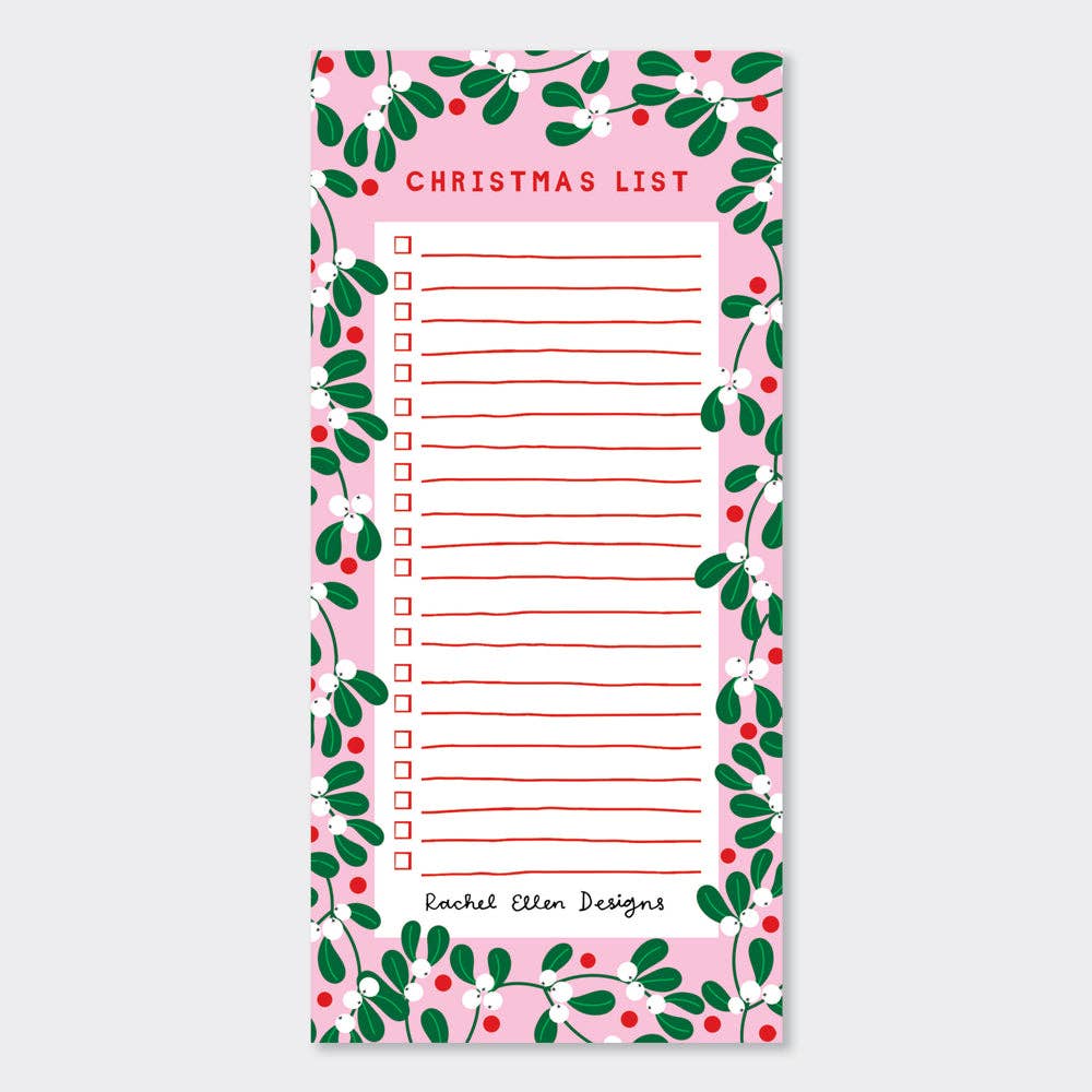 a christmas list pad with a pink border decorated with miseltoe. Christmas list is written at the top of page and then there are numerous lines that run the length of the page. Each page is the same and can be ripped off from the top.
