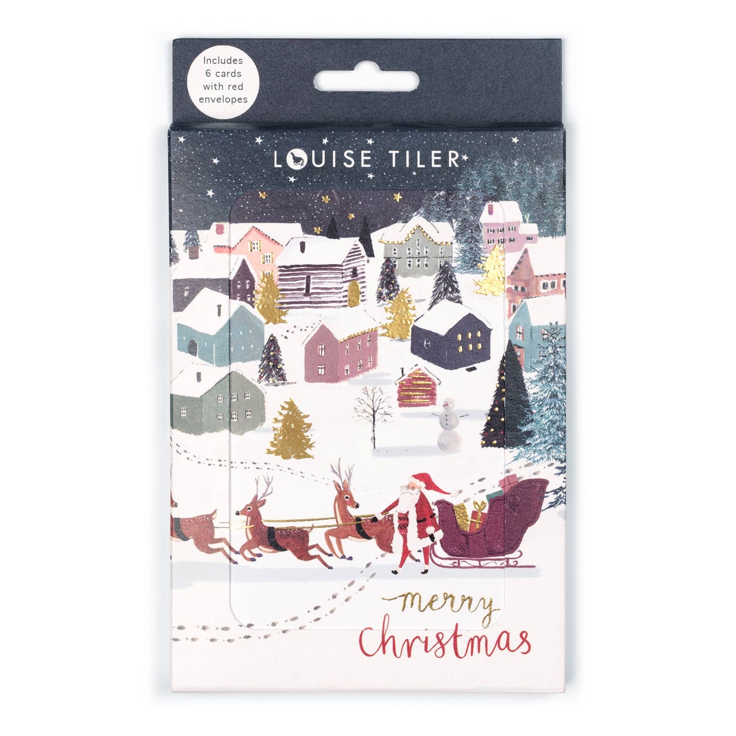 Packaged Christmas cards with Santa Claus and reindeer design, featuring Louise Tiler branding.