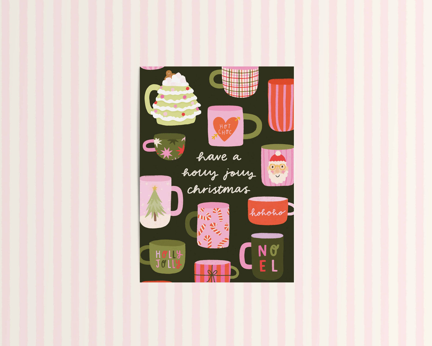 Decorative card with colorful mugs and text on a pink striped background