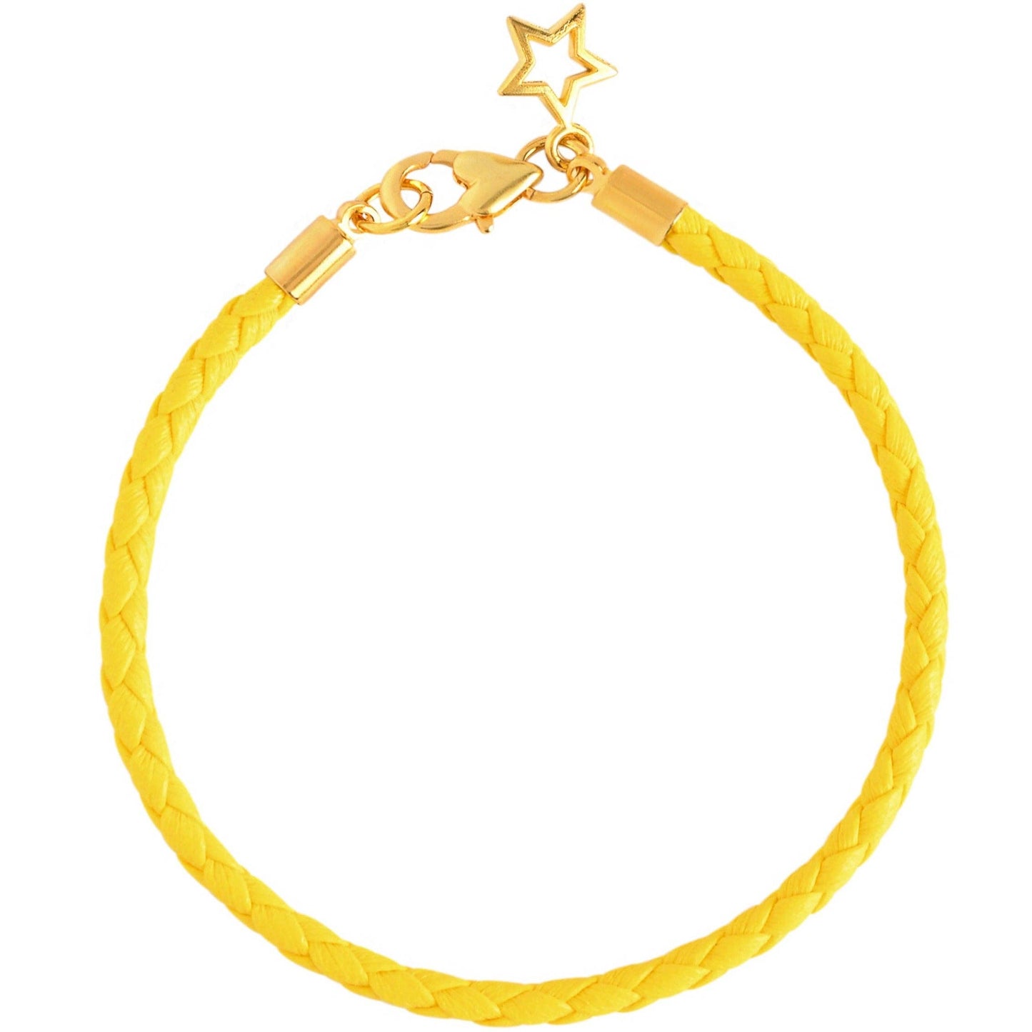 Yellow braided bracelet with a gold clasp on a white background