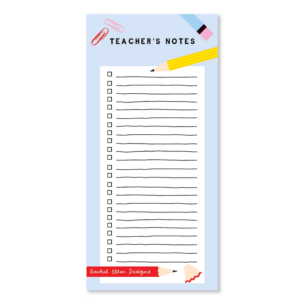 Teacher's note pad with lines on the page and pictures of a pencil and paperclips