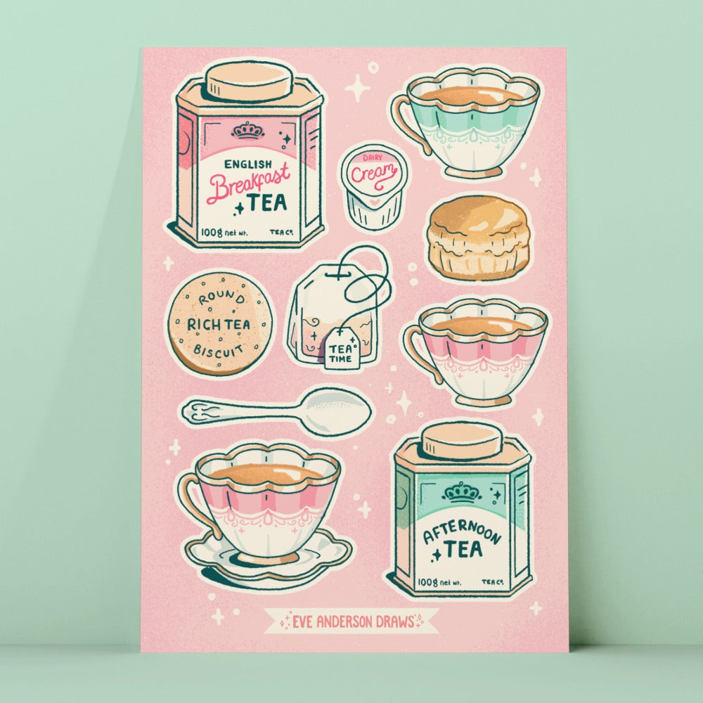 10 hand drawn stickers depicting tea related items, tea caddies, tea bag, tea cups, teaspoon, scone, biscuit and milk