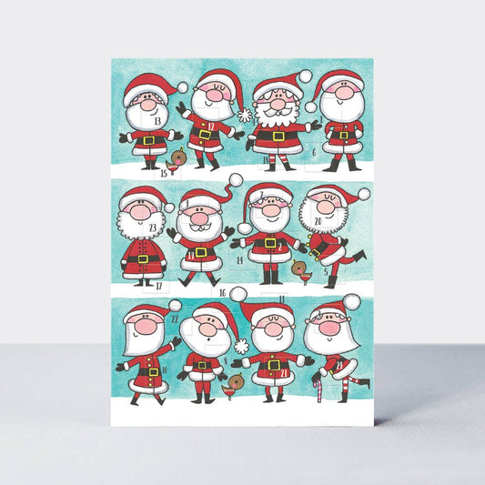 Card with cartoon Santa Claus illustrations on a blue background