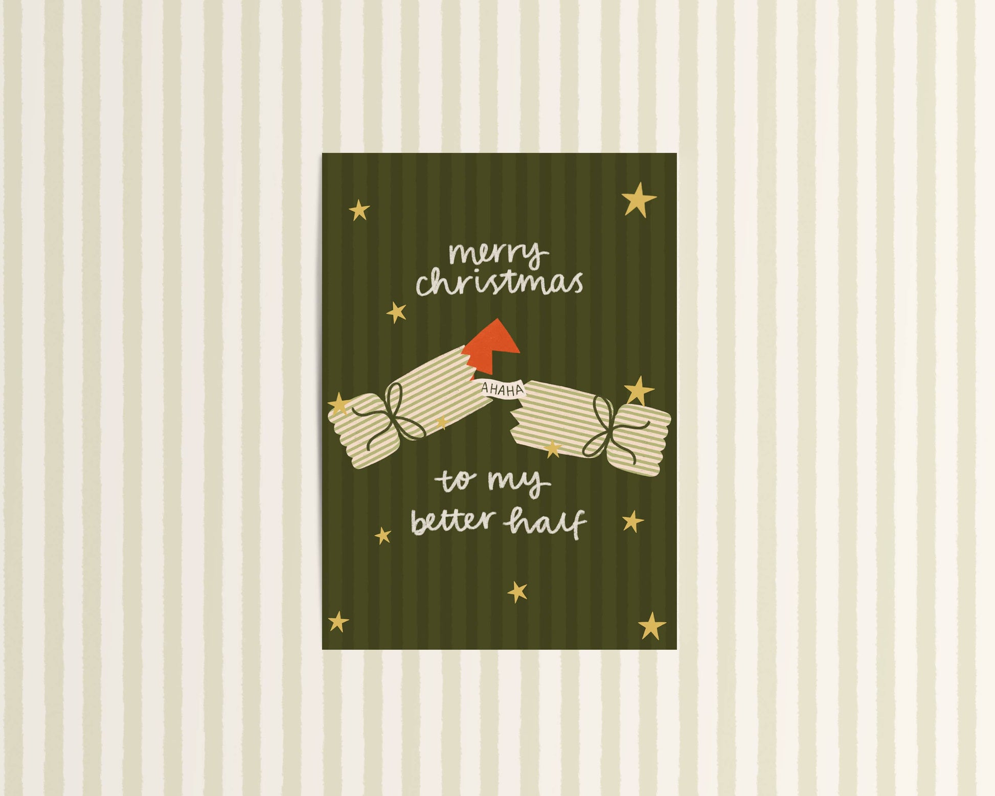 Christmas card with text 'Merry Christmas to my better half' on a striped background