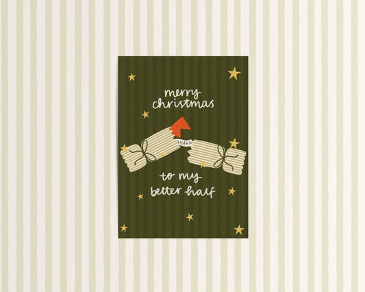 Christmas card with text 'Merry Christmas to my better half' on a striped background