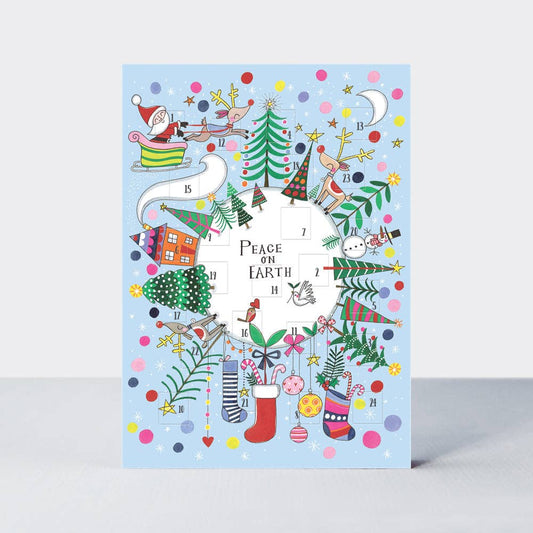 Colorful Christmas-themed advent calendar with illustrations on a light blue background