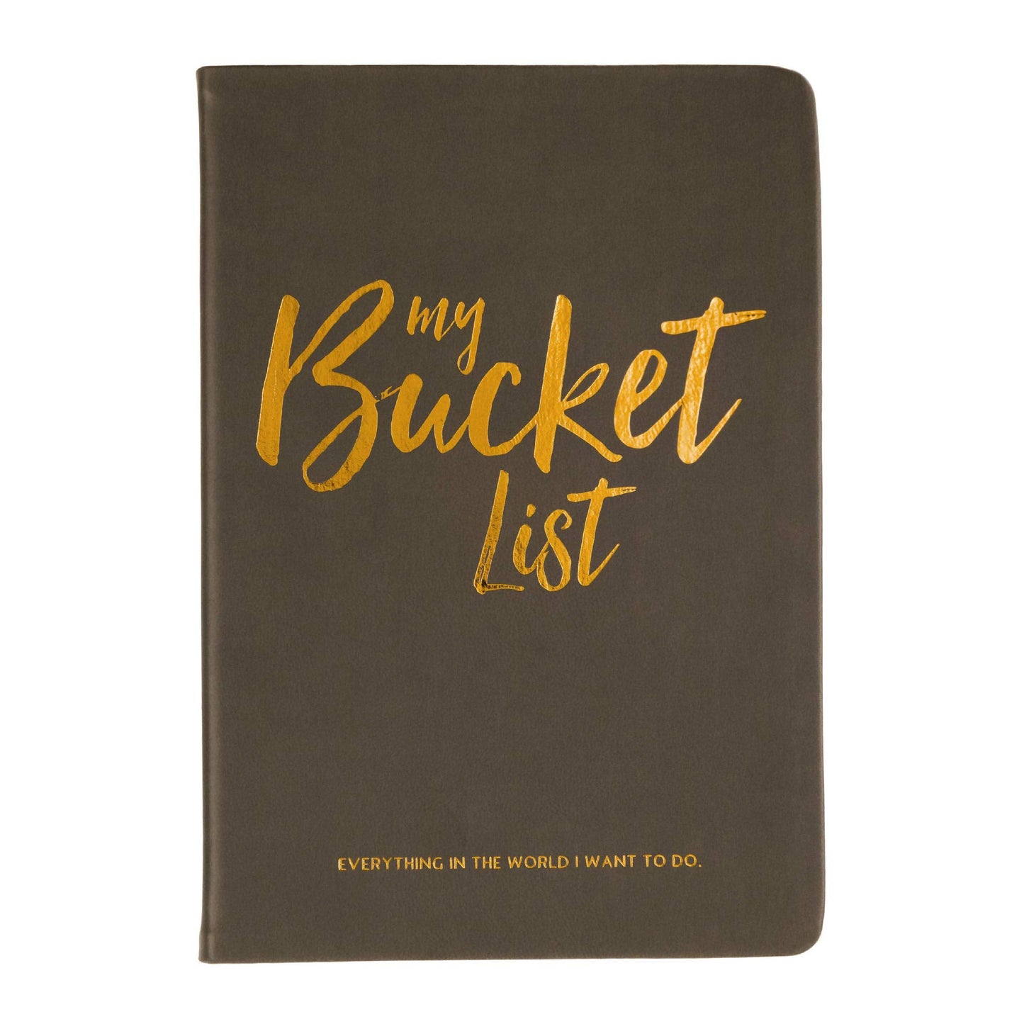 A black hardcover notebook with metallic gold foil lettering that reads 'my Bucket List' on the front cover, set against a plain white background.