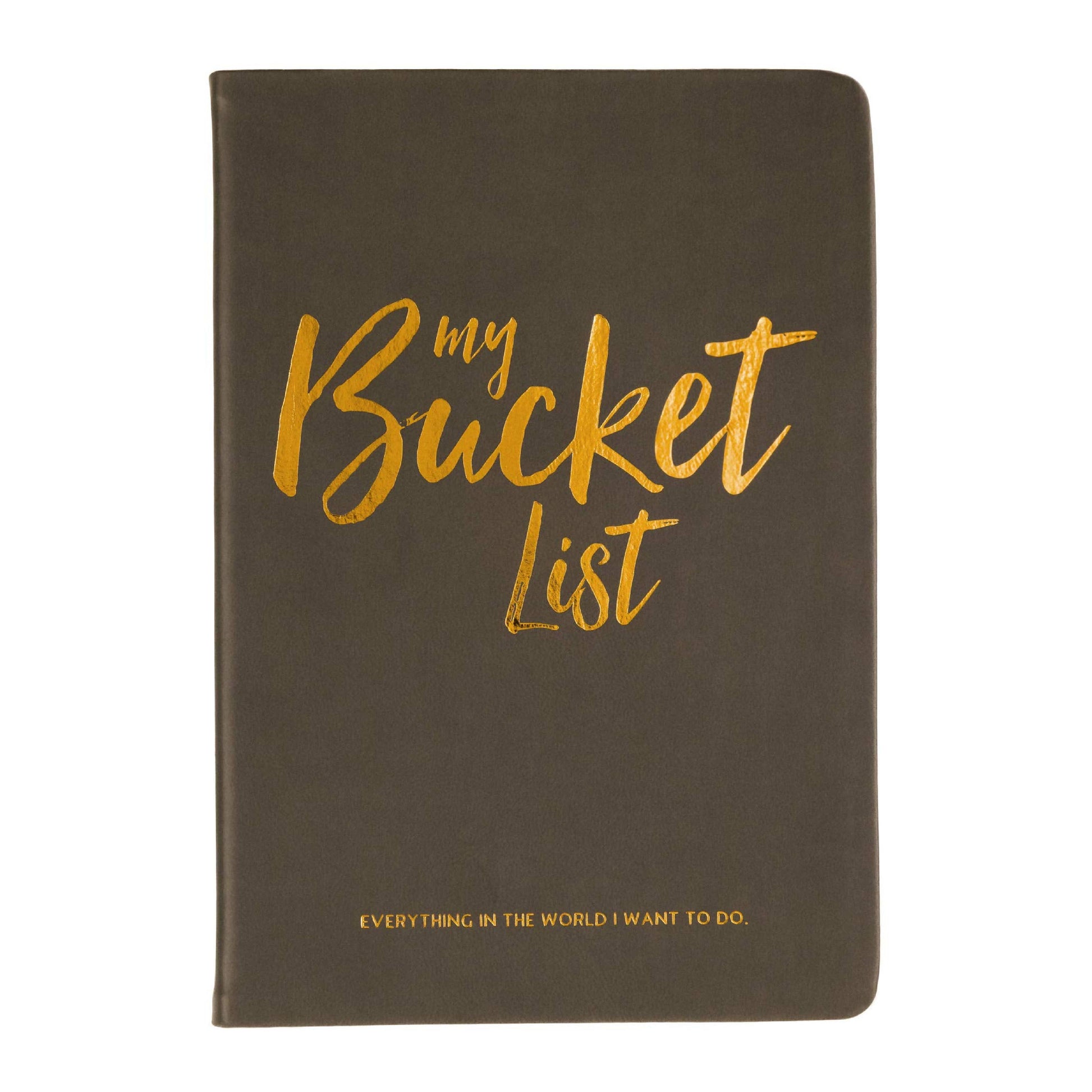 A black hardcover notebook with metallic gold foil lettering that reads 'my Bucket List' on the front cover, set against a plain white background.
