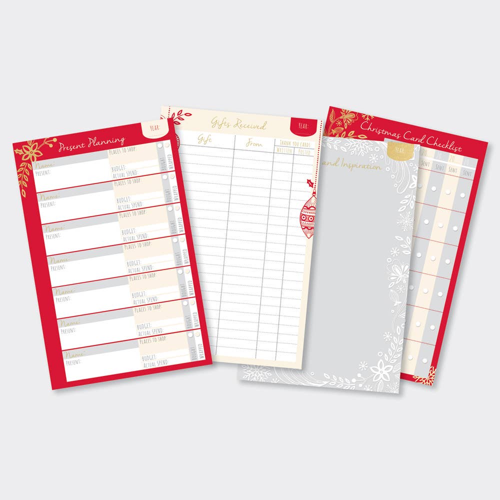 shows the various pages that are contained within the christmas planner- the pages are christmas card checklist, present planner, gifts received and gift inspiration