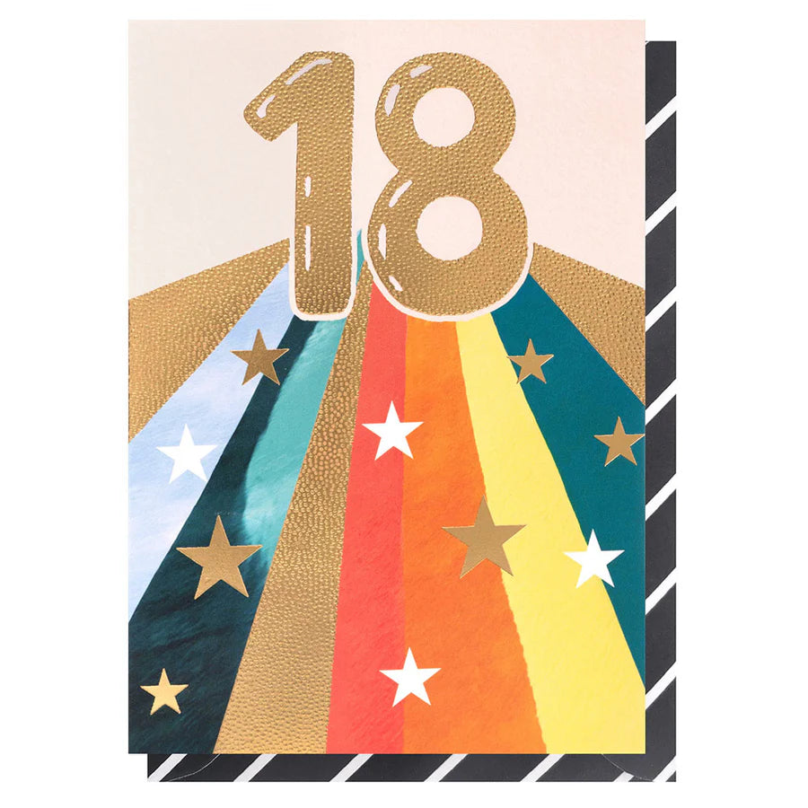 Colorful birthday card with number 18 and stars on a striped background