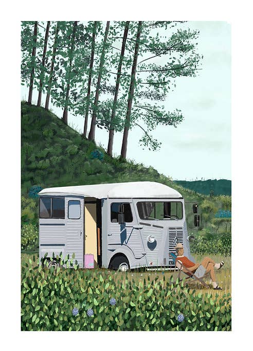 Illustration of a person relaxing in front of a camper van in a forest setting