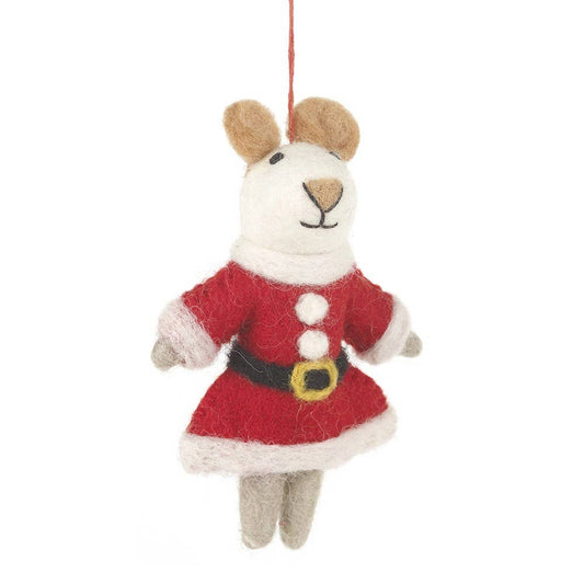 christmas tree hanging decoration of a white mouse wearing a red and white christmas dress