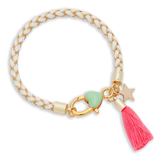 Bracelet with braided design, gold accents, heart charm, and pink tassel on a white background