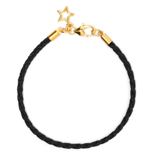Black braided bracelet with gold clasp and star charm on a white background